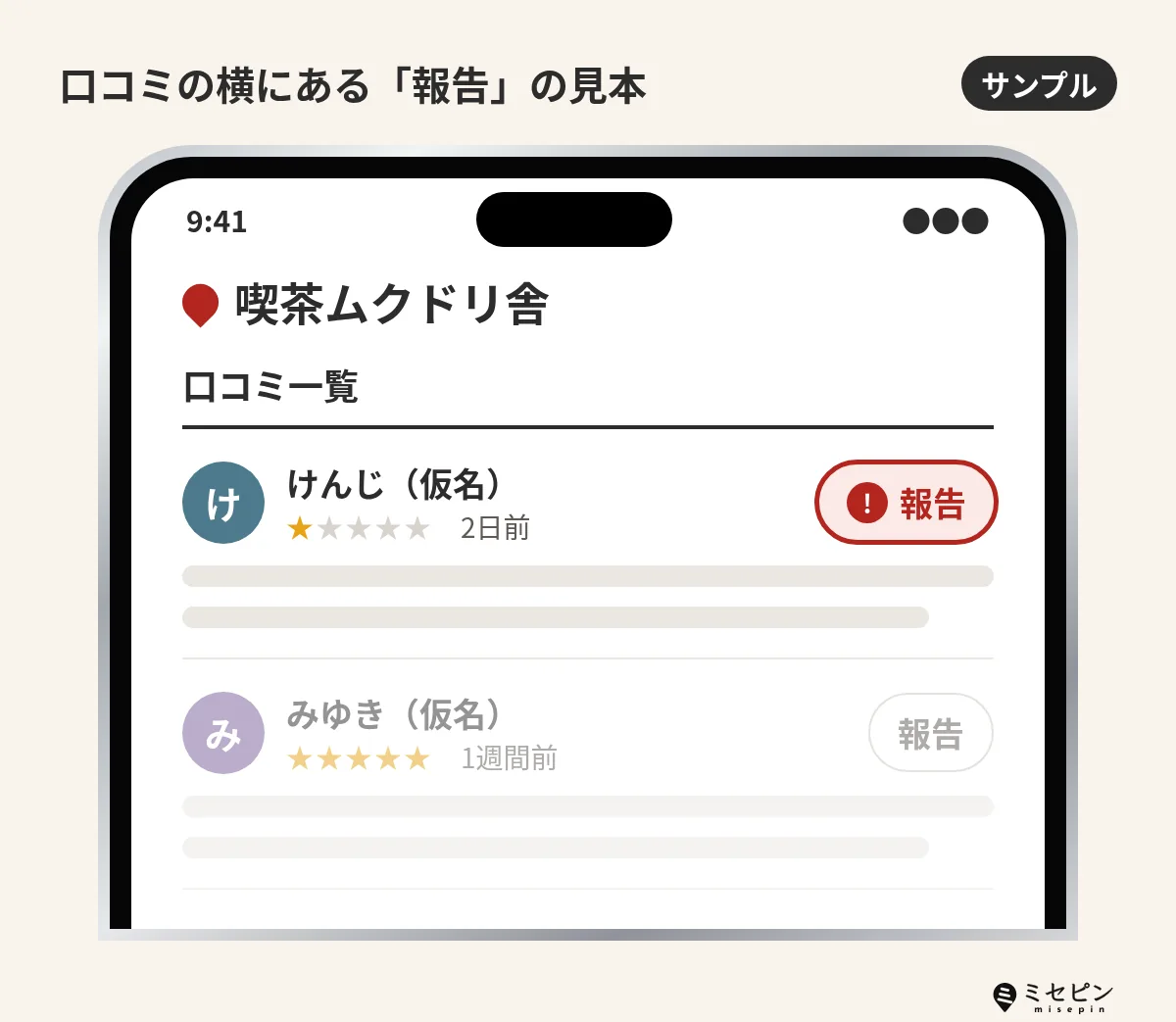 Googleビジネスプロフィールで口コミの横にある報告ボタンの例