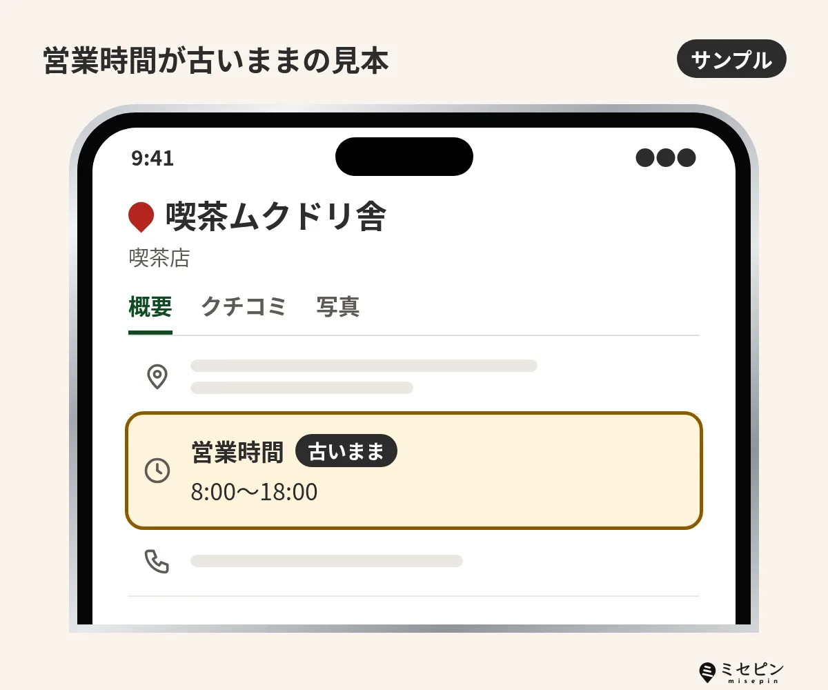 Googleマップでお店の営業時間が古いまま表示されている画面の例