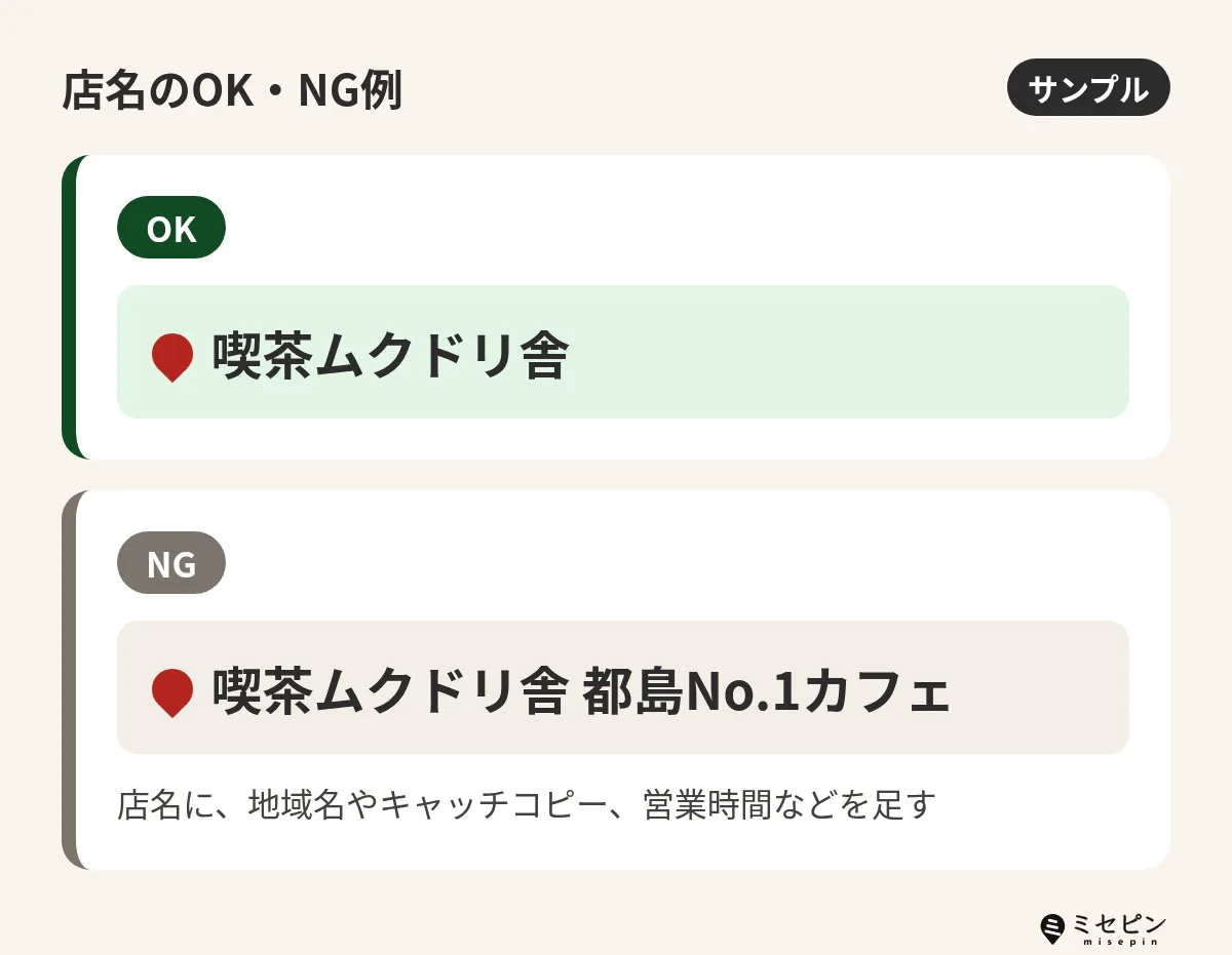 ビジネスプロフィールの店名で認められる例と認められない例